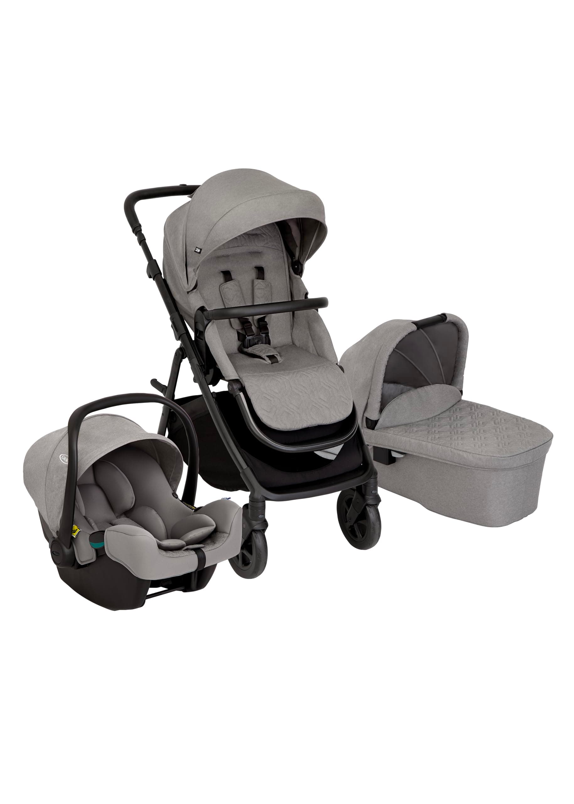 Graco Near2Me Dlx Trio, Pushchair, Baby Car Seat and Carrycot, Suitable from Age of Birth Up to Approximately 4 Years (Max 22 kg), Height Adjustable Slide2Me Seat, Grey, Ash - Image 1