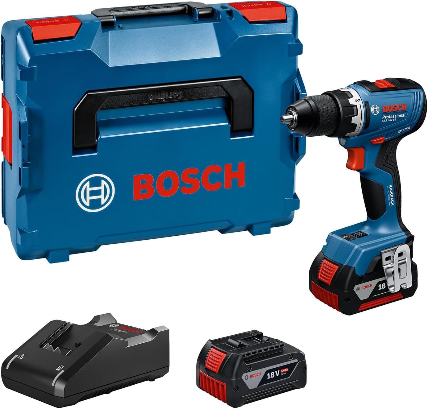 Bosch Professional 18V System Cordless Drill Driver GSR 18V-65 (brushless motor, head length 166, 2 GBA 18V 5.0Ah batteries incl., charger GAL 18V-40, L-BOXX) - Image 1