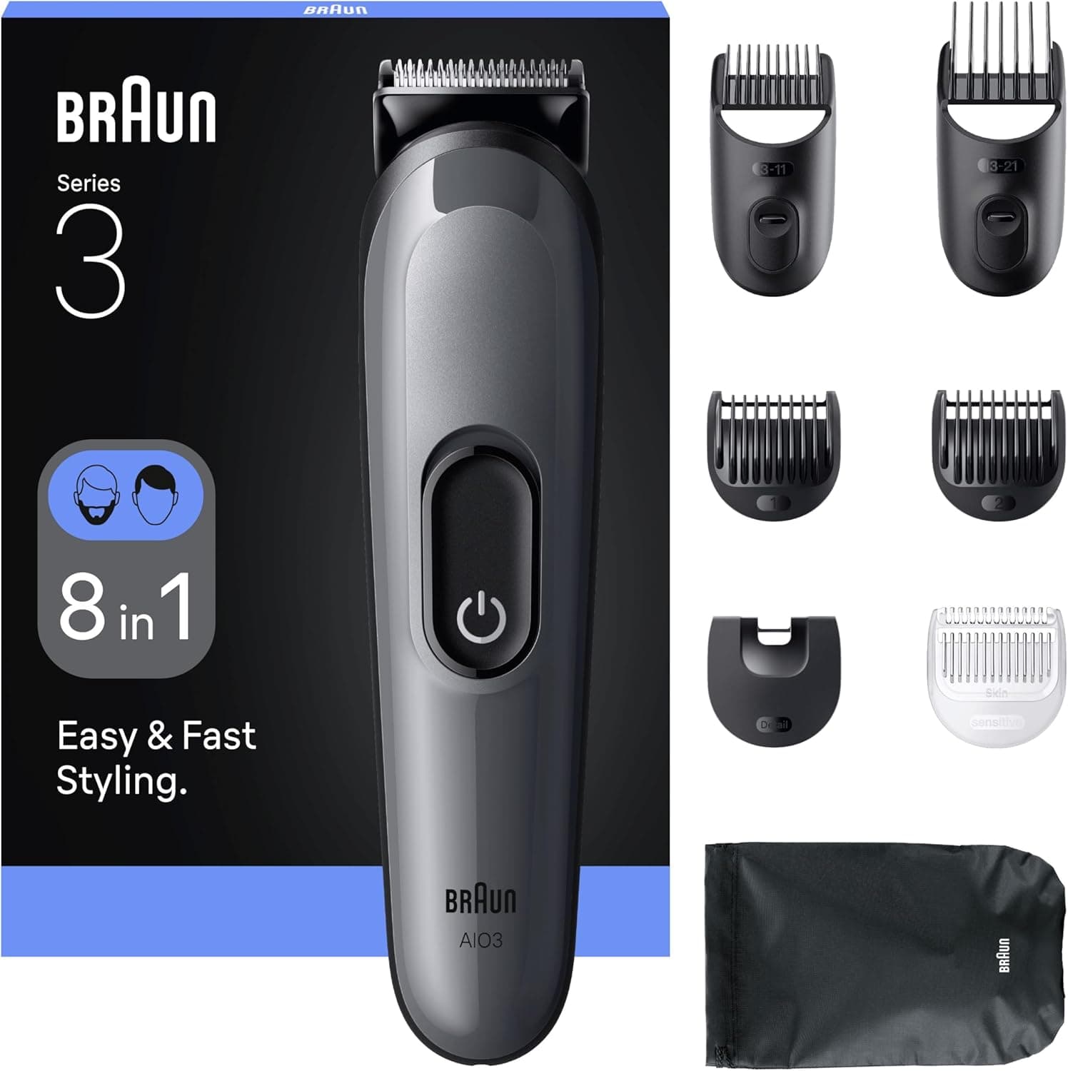 Braun Braun Kit De Rasage Tout-En-Un Series 3, 8-En-1, Lame Ultra-Affûtée, 14 Longueurs, Coupe Précise Pour Visage Et Cheveux, Autonomie De 50 Min, Style Facile Et Rapide, AIO3540, Gris