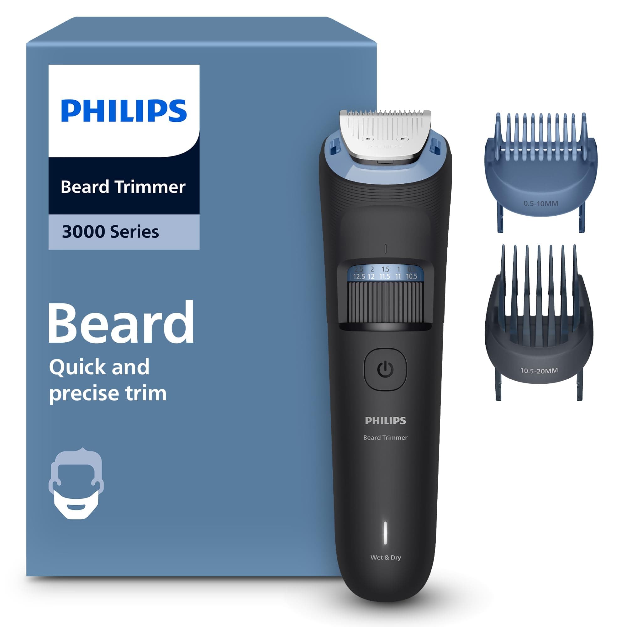 Philips Philips Beard Trimmer Series 3000 - Self-Sharpening Metal Blades, 40 Adjustable Cutting Heights, Lift & Trim Clog, 100% Waterproof, Battery Life Indicator, USB Charging, Model BT3660/15