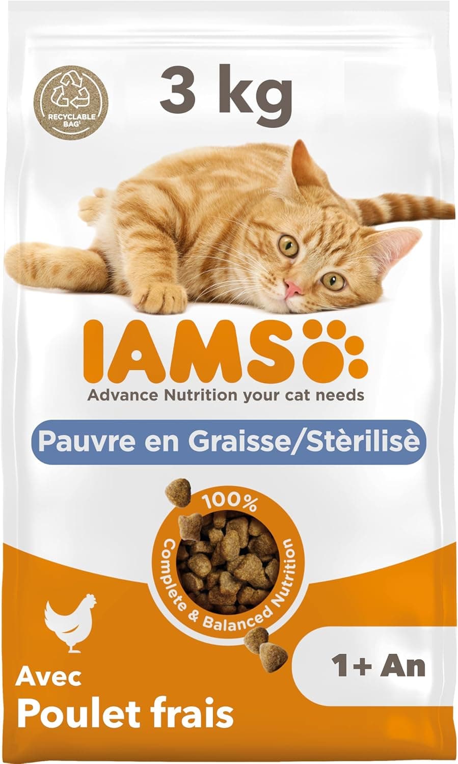 IAMS Advanced Nutrition Lightweight Dry Food Suitable for Sterilized Cats - Complete Balanced - Promotes Weight Control - Fresh Chicken - Non-GMO Artificial Flavour Colours - 3 kg