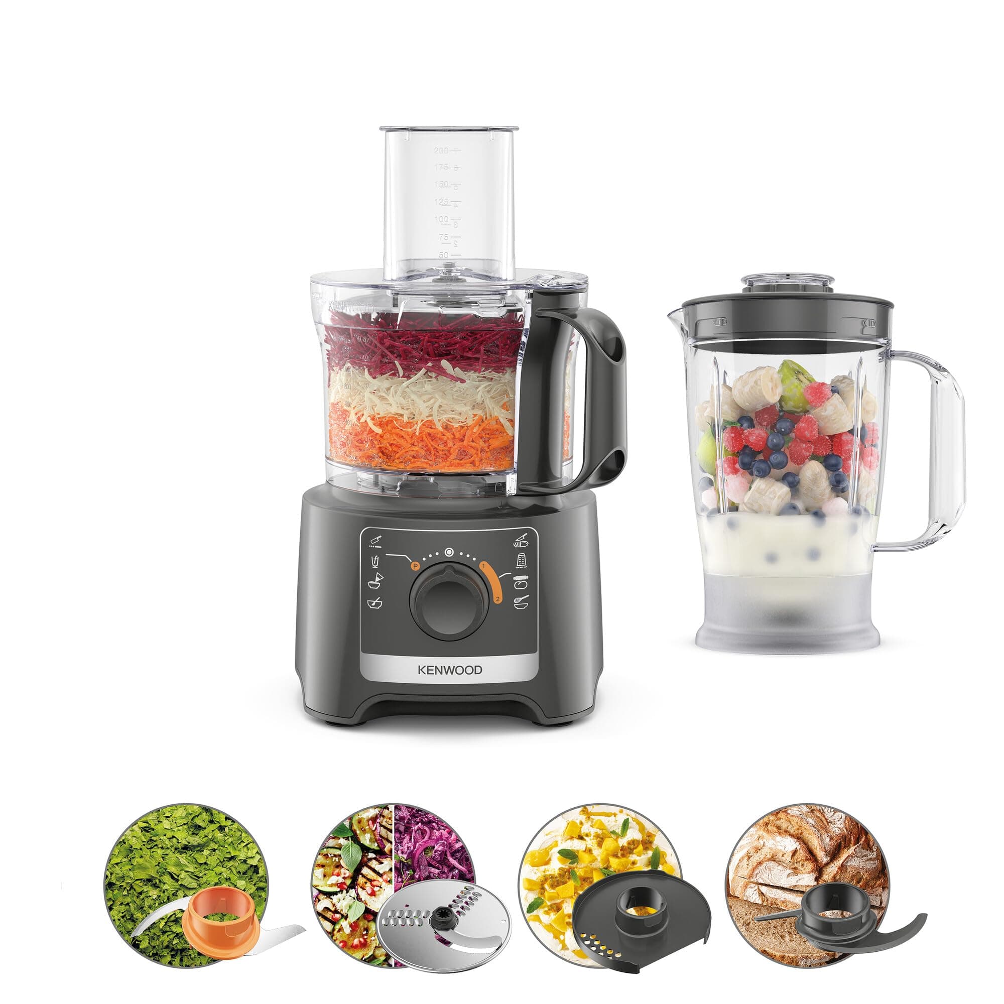 Kenwood MultiPro Compact FDP31.170GY, Food Processor, Kneading Function and Slicing Disc, Blender 1.2L, 2 Speeds + Pulse, Bowl 2.1L, 800W, Grey - Image 1