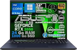 ASUS Ordinateur Portable Intel i7 13ᵉ Gén, RAM 24Go DDR5, SSD 1To, NVIDIA 4Go, Écran 16" FHD IPS, WiFi6E, Thunderbolt, Châssis Aluminium, Fingerprint, Face ID, Clavier AZERTY Rétroéclairé, Win 11 Pro