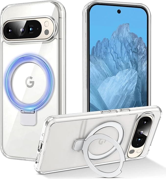 Magnetic Case for Google Pixel 9 Pro 6.3 inch 5G 2024, Acrylic Case with Ring Kickstand Compatible with Magnetic Car Stand, Shockproof Anti-Scratch Protective Case
