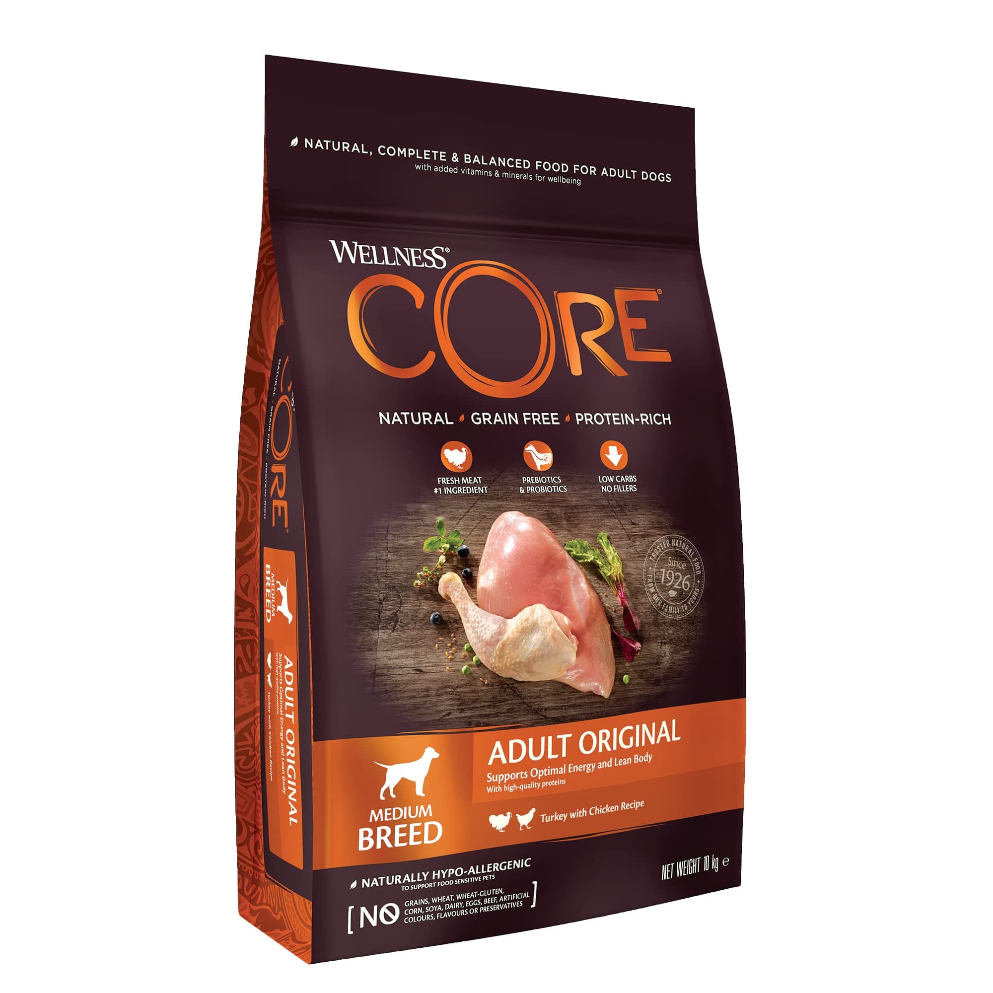 Wellness CORE Original 10 kg, Chicken/Turkey - Grain Free, Natural, Hypoallergenic, High Protein, High Meat Content, Supports Hips & Joints