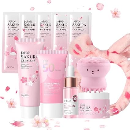 Sakura 11-Piece Skin Care Set with Headband, Face Brush, Cleanser, Sunscreen 50+, Essence, Cream, Face Mask 5, Skin Care Sets Suitable for All Skin Types - Image 1