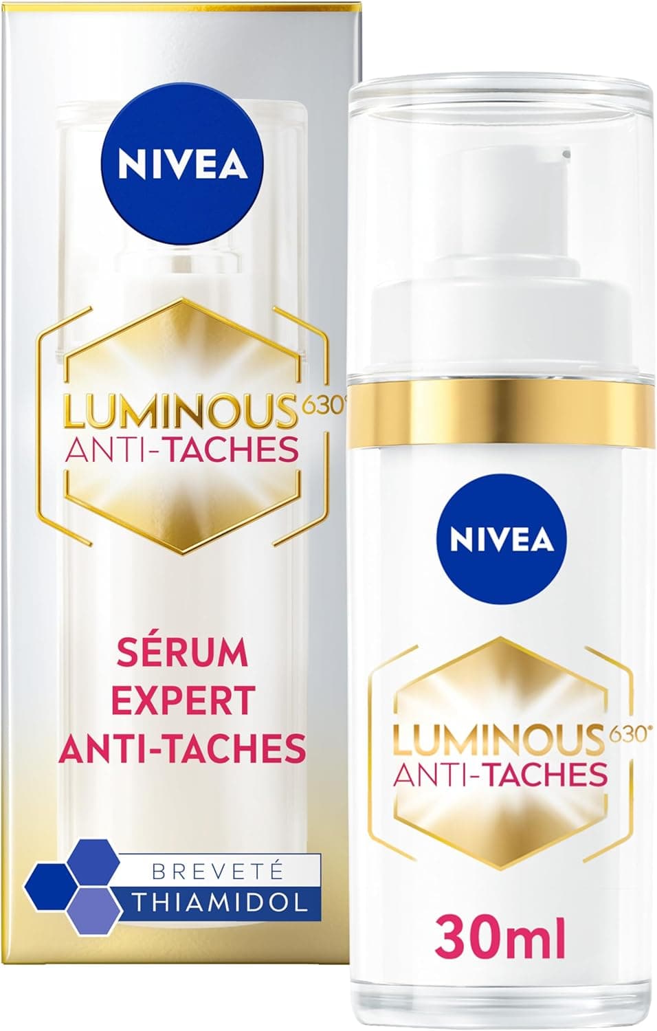 NIVEA Luminous 630 Sérum Correcteur (1 x 30 ml), soin visage anti taches pigmentaires au Thiamidol & Acide Hyaluronique, soin femme anti taches, crème hydratante visage