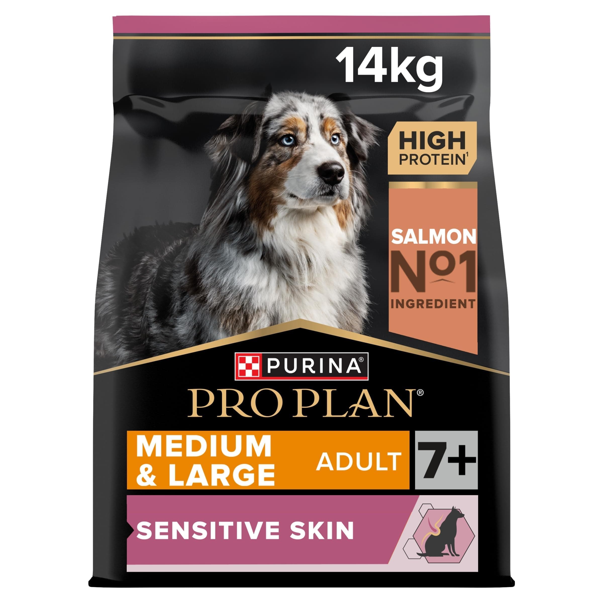PURINA PRO PLAN | Sensitive Skin | Complete dry food for medium and large dogs over 7 years | Promotes healthy skin and shiny coat | Salmon | Dry food | Bag | 14 kg