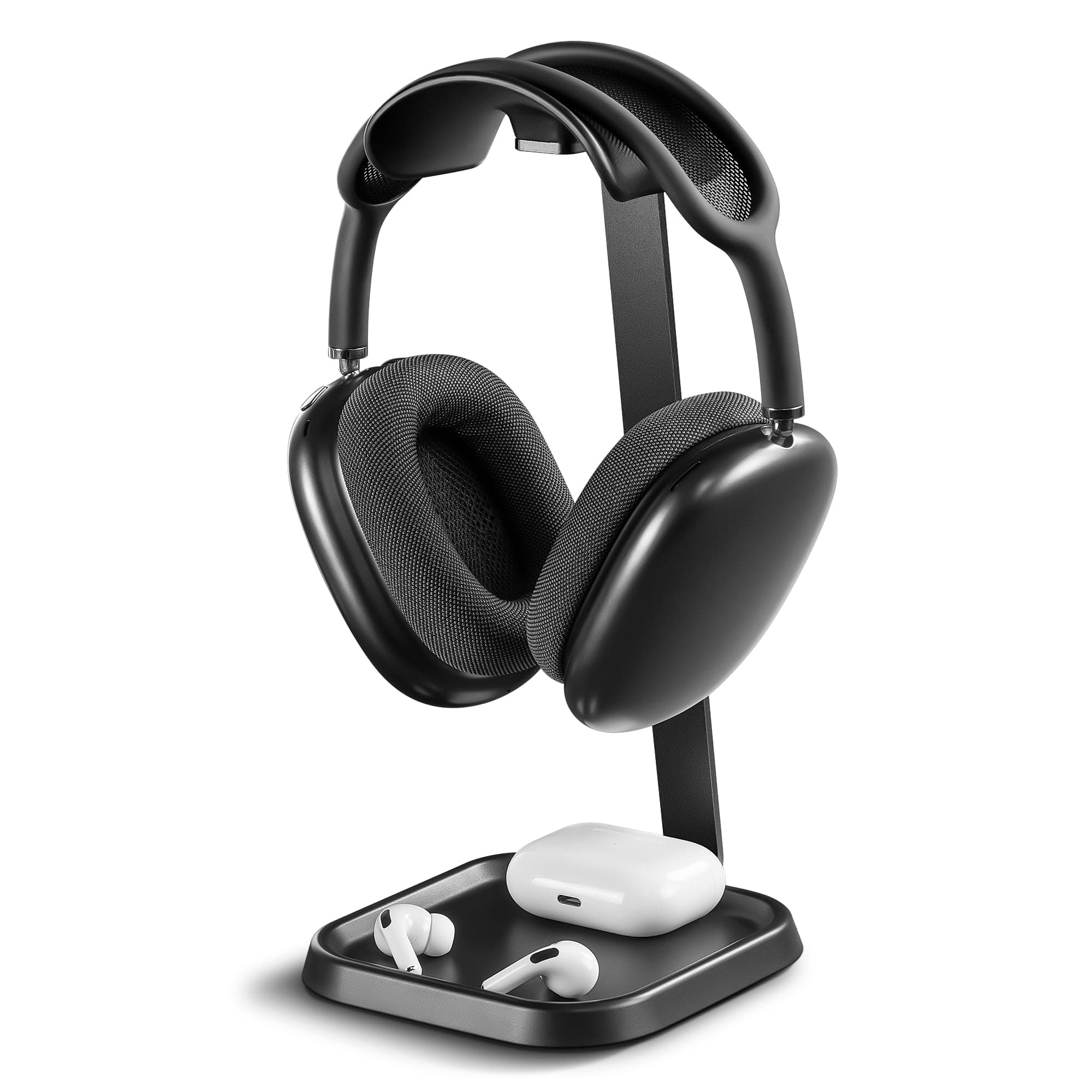 Headset Holder, Curved Earphone Holder with Storage Tray, Base Gaming Headset Holder for AirPods Max, Beats, Bose, Sennheiser, Sony and More (Black) - Image 1