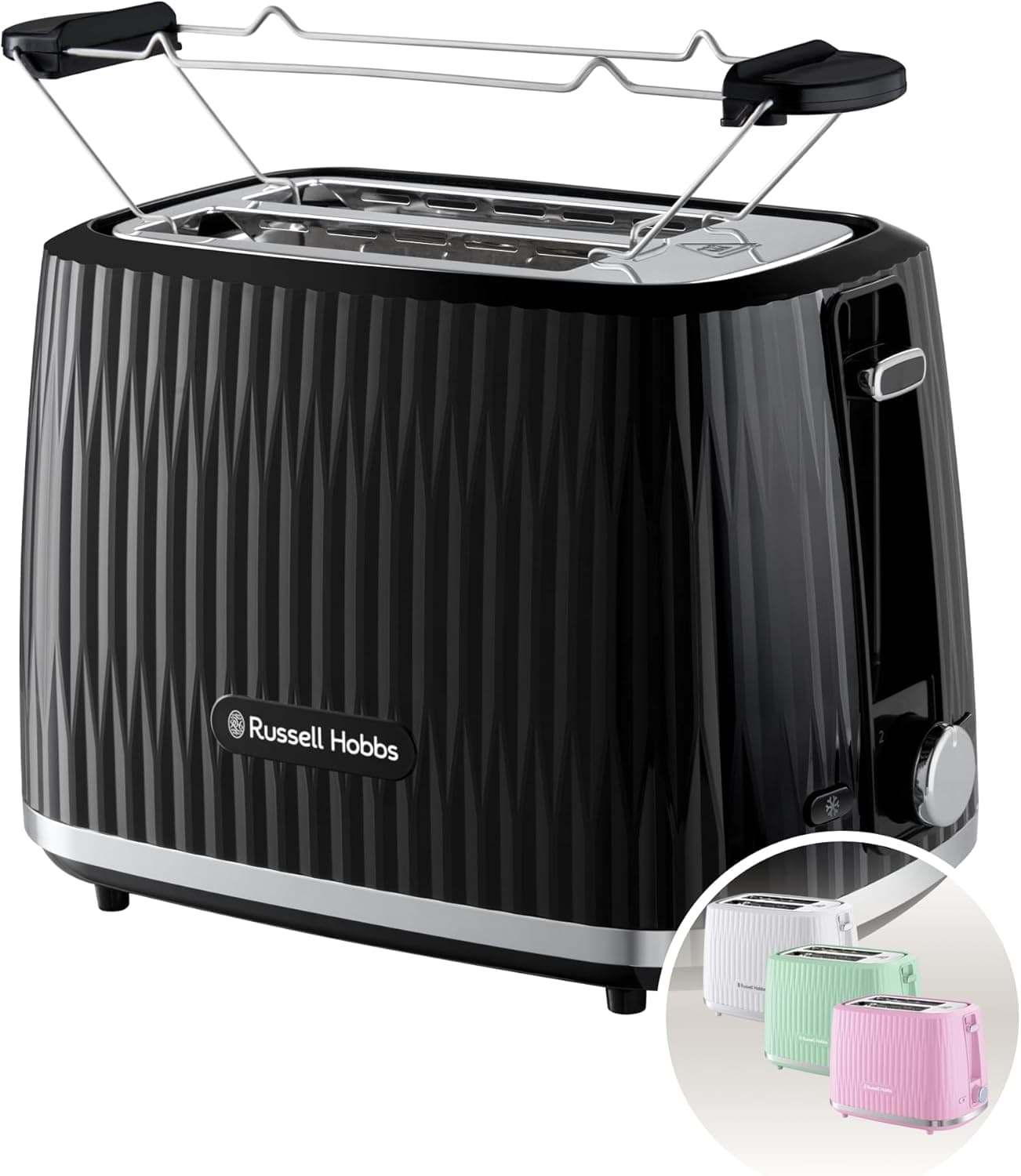 Russell Hobbs Grille-pain 2 fentes larges (6 niveaux de brunissage, surélévation, dégivrage, réchauffe-viennoiseries, arrêt automatique, ramasse-miettes amovible, design texturé noir) Eden 27371-56