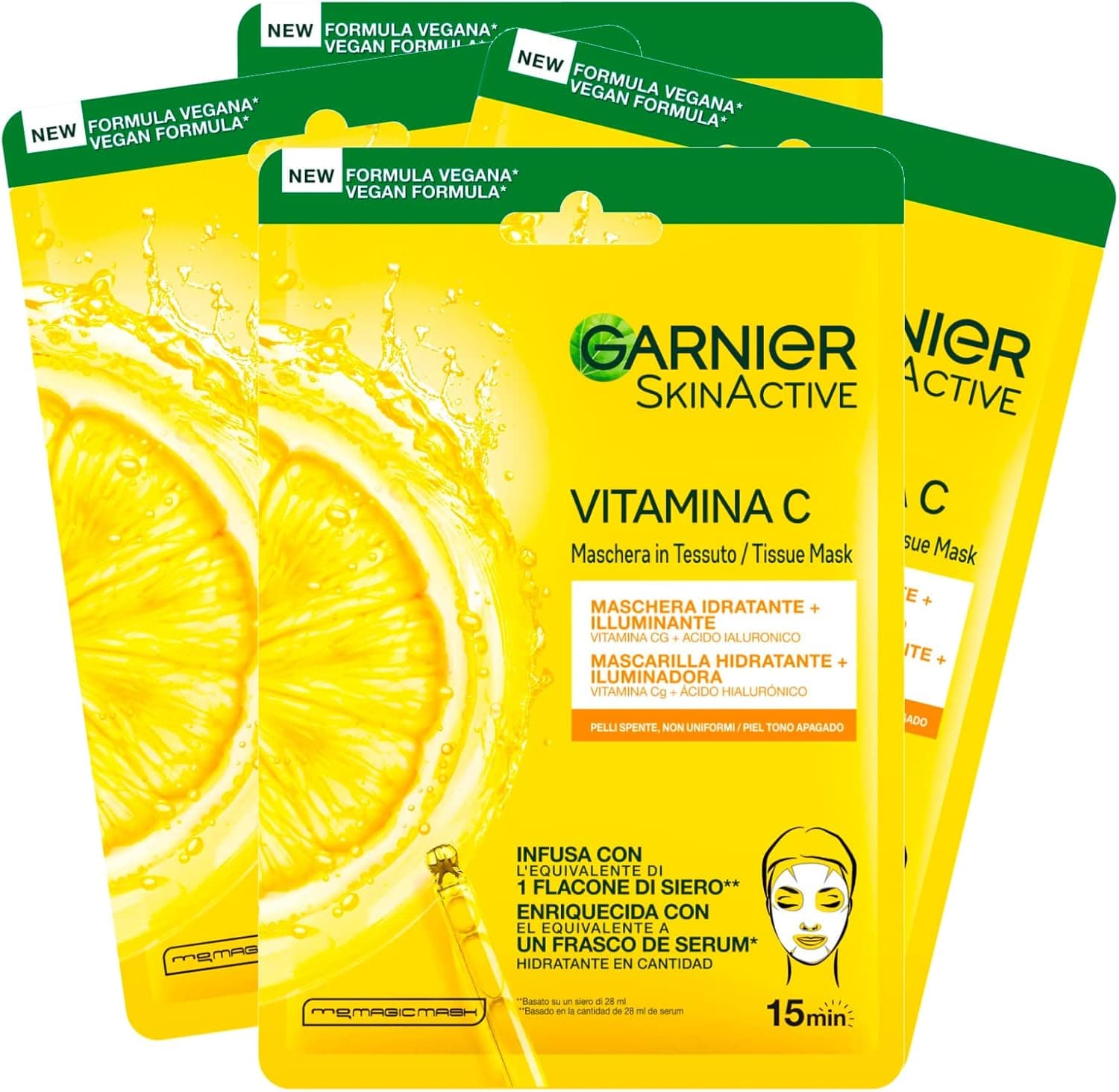 Garnier 4x Garnier SkinActive Masque Visage Jetable en Tissu Hydratant et Illuminant avec Vitamine C et Acide Hyaluronique - 4 Masques Jetables