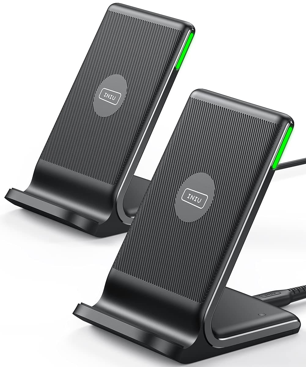 INIU Wireless Charger, [2 Pack] 15W Induction Charger with Dual Coil and Light Adaptive Easy to Sleep Wireless Charger Stand for iPhone 17 16 15 14 13 12 Pro Max Samsung S23 S22 Google etc