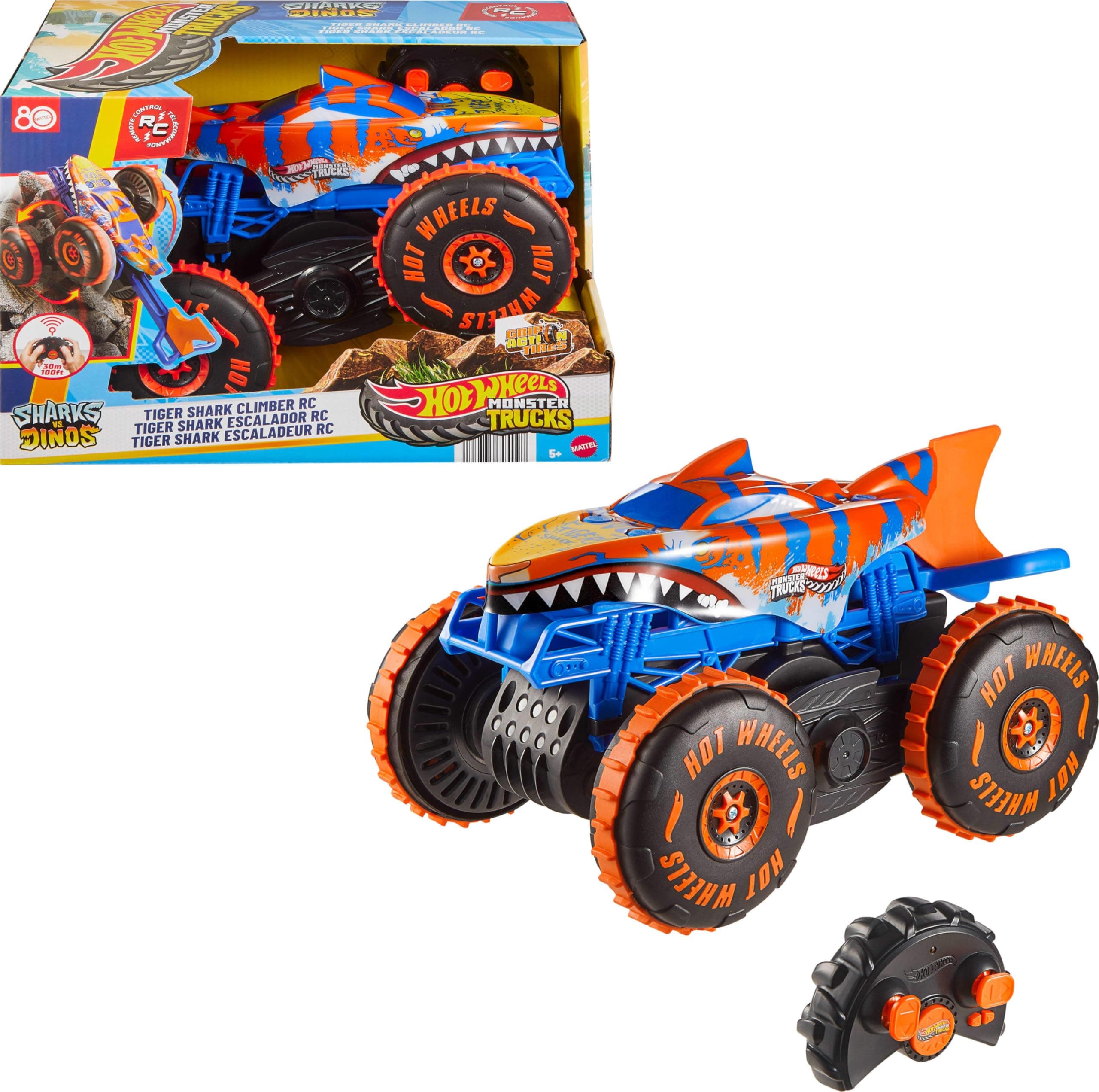 Hot Wheels Hot Wheels Monster Trucks RC Vehicle Tiger Shark Escalator with 3 Game Modes for Running, Climbing and Stunts, JFR39