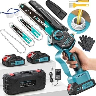 Mini Chainsaw Battery 4000 mAh, 6 Inches 1000 W Brushless Electric Chainsaw with Automatic Greaser, 3 Chains, 2 Batteries 2000 mAh, Battery Pruner Compatible with Makita