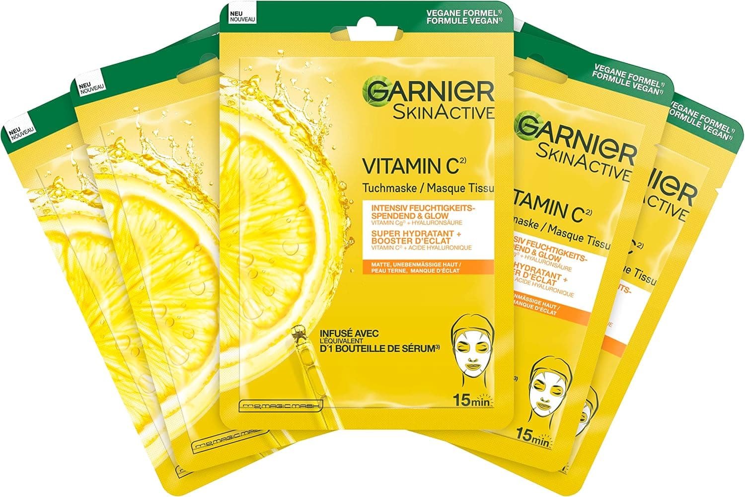 Garnier SkinActive Lot de 5 masques hydratants pour peaux sensibles à l'acide hyaluronique et à la vitamine C pour une peau rayonnante et un effet brillant - Image 1