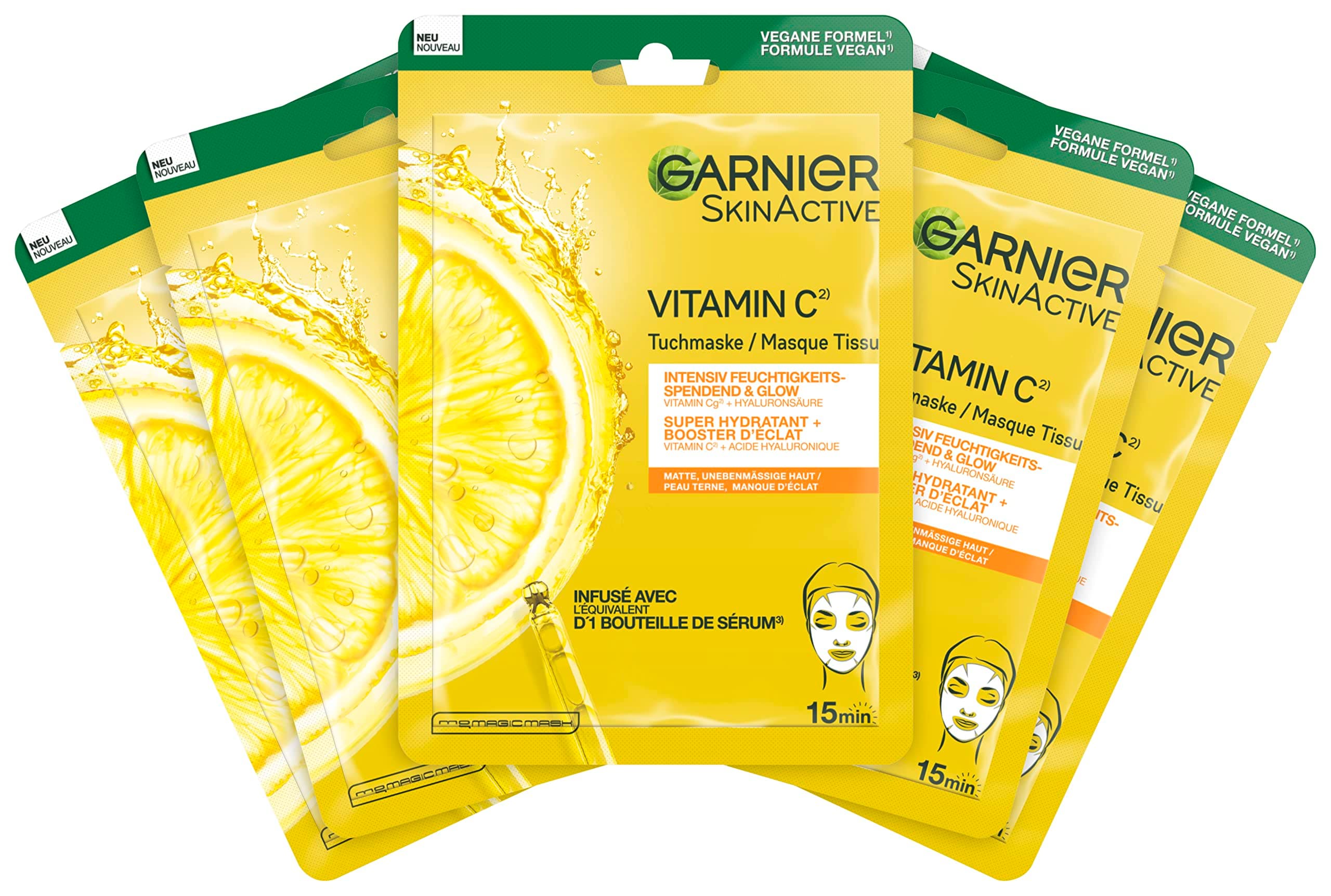 Garnier SkinActive Lot de 5 masques hydratants pour peaux sensibles à l'acide hyaluronique et à la vitamine C pour une peau rayonnante et un effet brillant - Image 3