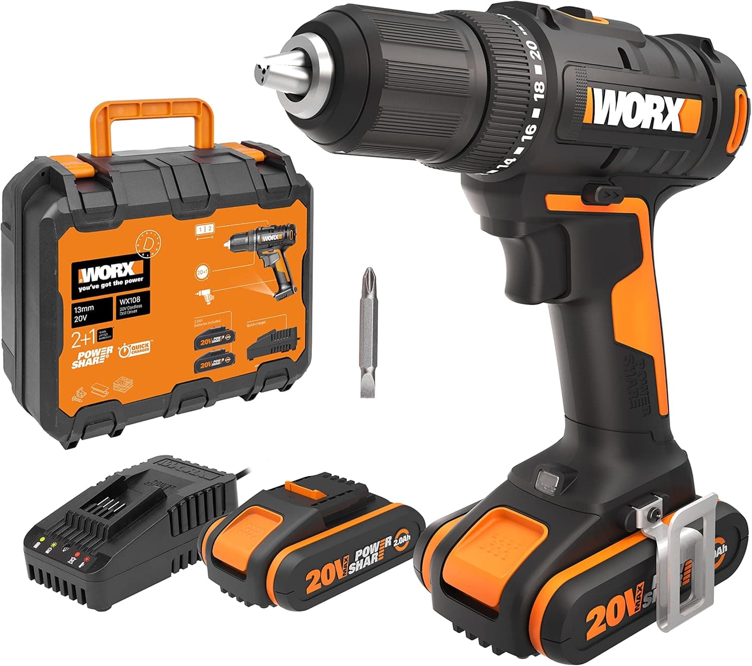 WORX Perceuse-Visseuse sans Fil 20V WX108, Couple Max de 40Nm, Mandrin ⌀13mm, Idéale Pour les Petits Travaux, 2 Vitesses Variables, Compacte et Légère, Avec 1 Batterie 2Ah et Chargeur Rapide