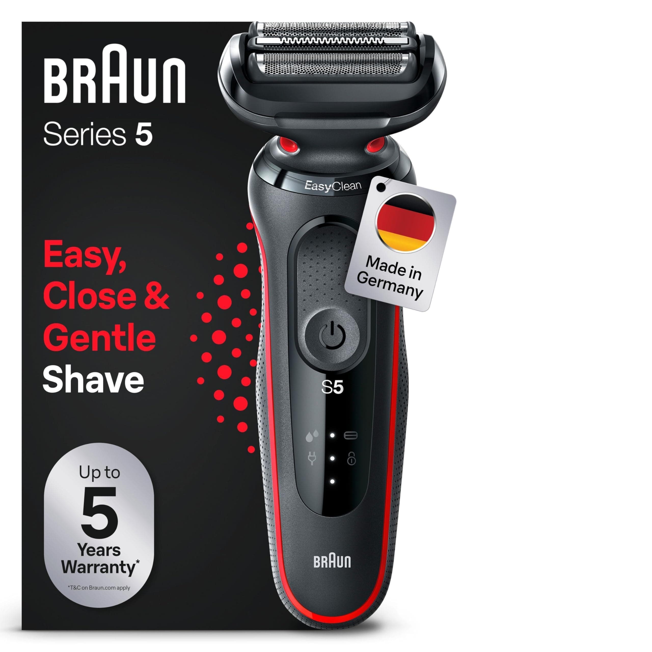 Braun Braun Series 5 EasyClean 51-R1000s Electric Shaver for Men, Wet & Dry, Men's Gift, Made in Germany, Red