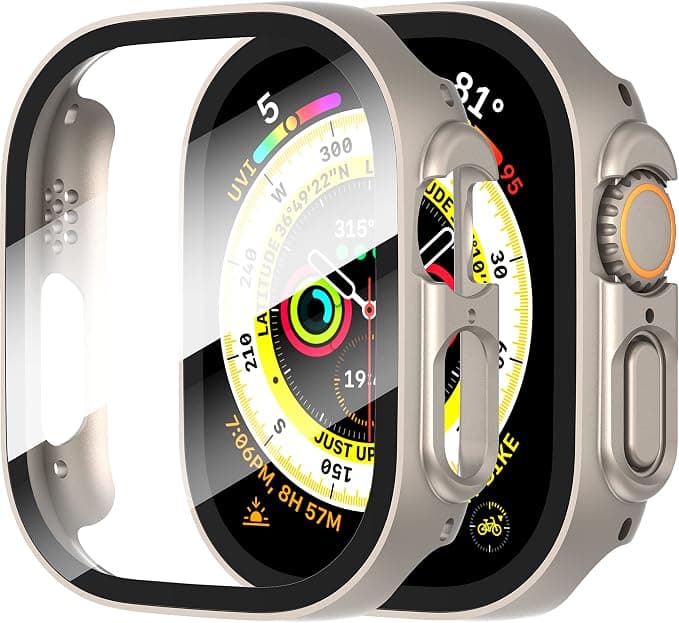 Diruite 2 Pieces Case for Apple Watch Ultra 3/2/1 49 mm Hard PC Material Ultra Thin Tempered Glass Screen Case, Titanium Steel, 49 mm - Image 1