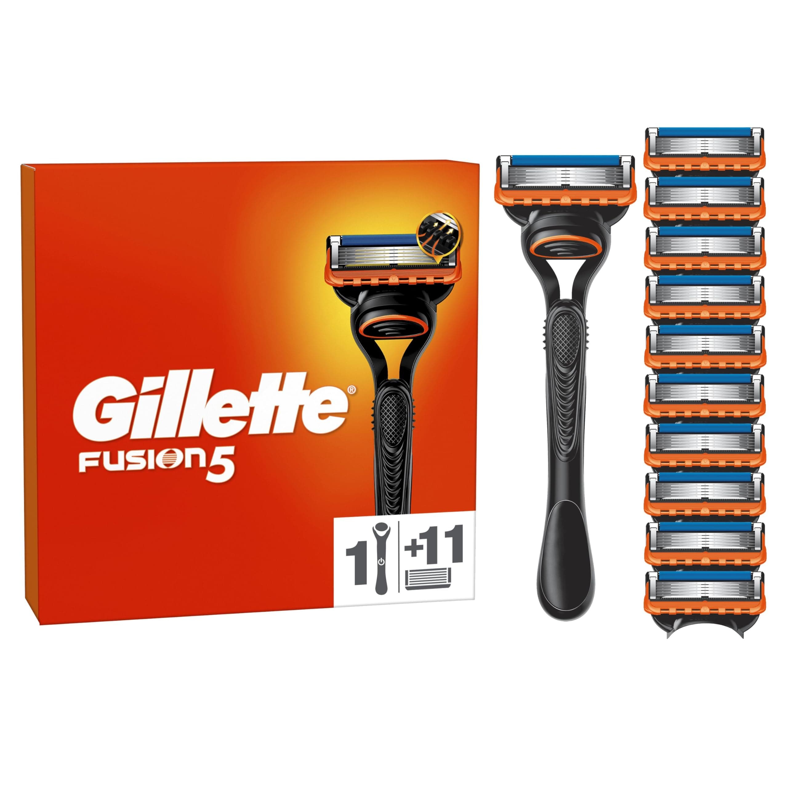 Gillette Gillette Fusion5 Men's Razor with Reusable Handle, 11 Cartridges with 5 Blades, Lubricating Strip for Comfortable Facial Shaving and Smooth Razor Slide, 1 Refill by 20 Shaves