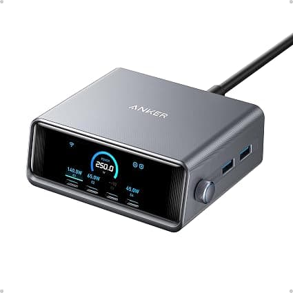 Anker Prime 250W USB C Charger, 6 Port GaN Ultra-Fast Charging Dock, 2.26" LCD Display, Smart Control Wheel, MacBook Pro/Air, iPhone 17/16/15, Pixel, Galaxy, Apple Watch, and More