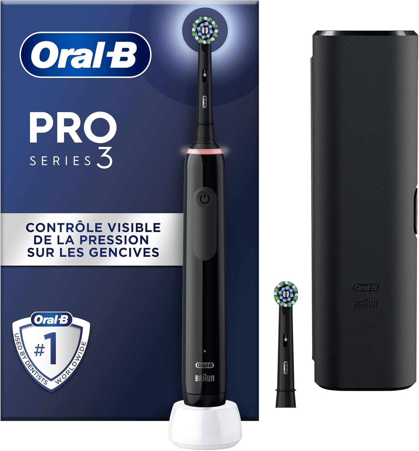 Oral-B Pro 3 3500 Brosse À Dents Électrique, Avec Capteur De Pression Pour Protéger Les Gencives, 3 Modes De Nettoyage, 1 Manche Noir, 1 Étui De Voyage, 2 Brossettes Rondes De Rechange