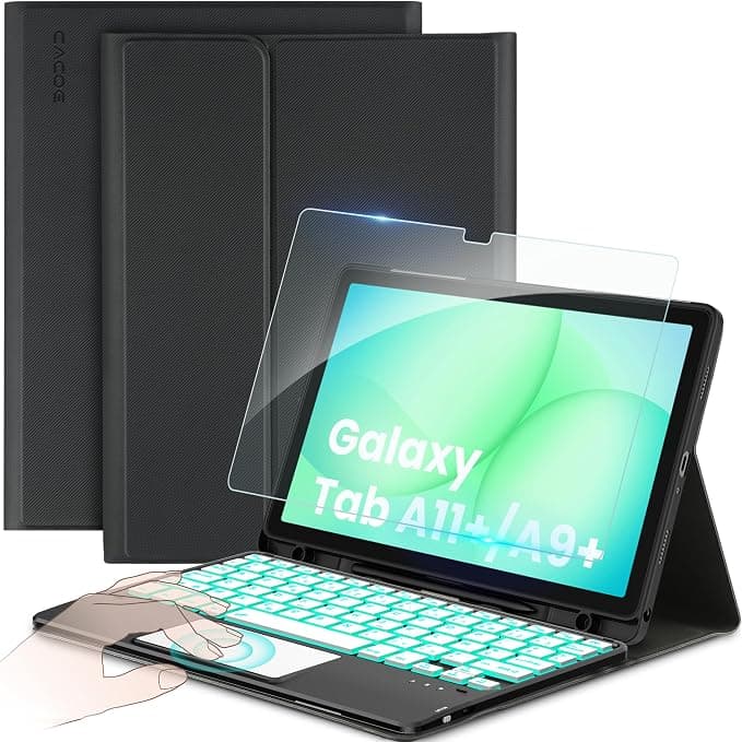 CACOE Keyboard Case Compatible with Samsung Galaxy Tab A11 Plus / А9 Plus 2025/2023 11 Inch with Touchpad, 7 Colour Lighting Removable Wireless AZERTY Keyboard, Black - Image 1