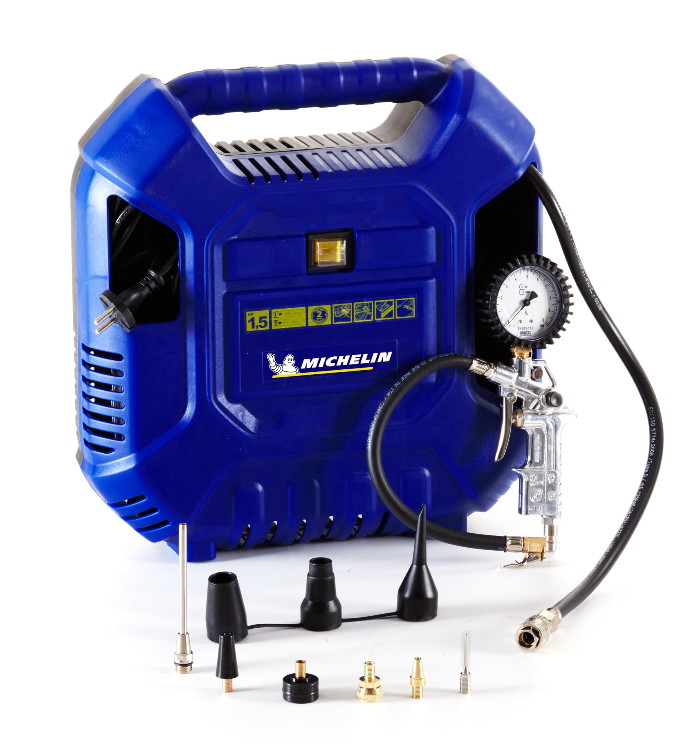 Michelin Michelin MB1 Portable Air Compressor, Oil-Free Air Compressor with 1 m Hose, Inflating Gun with Pressure Gauge and 6 Nozzles, Max Pressure 8 Bar, Power 1.5 HP
