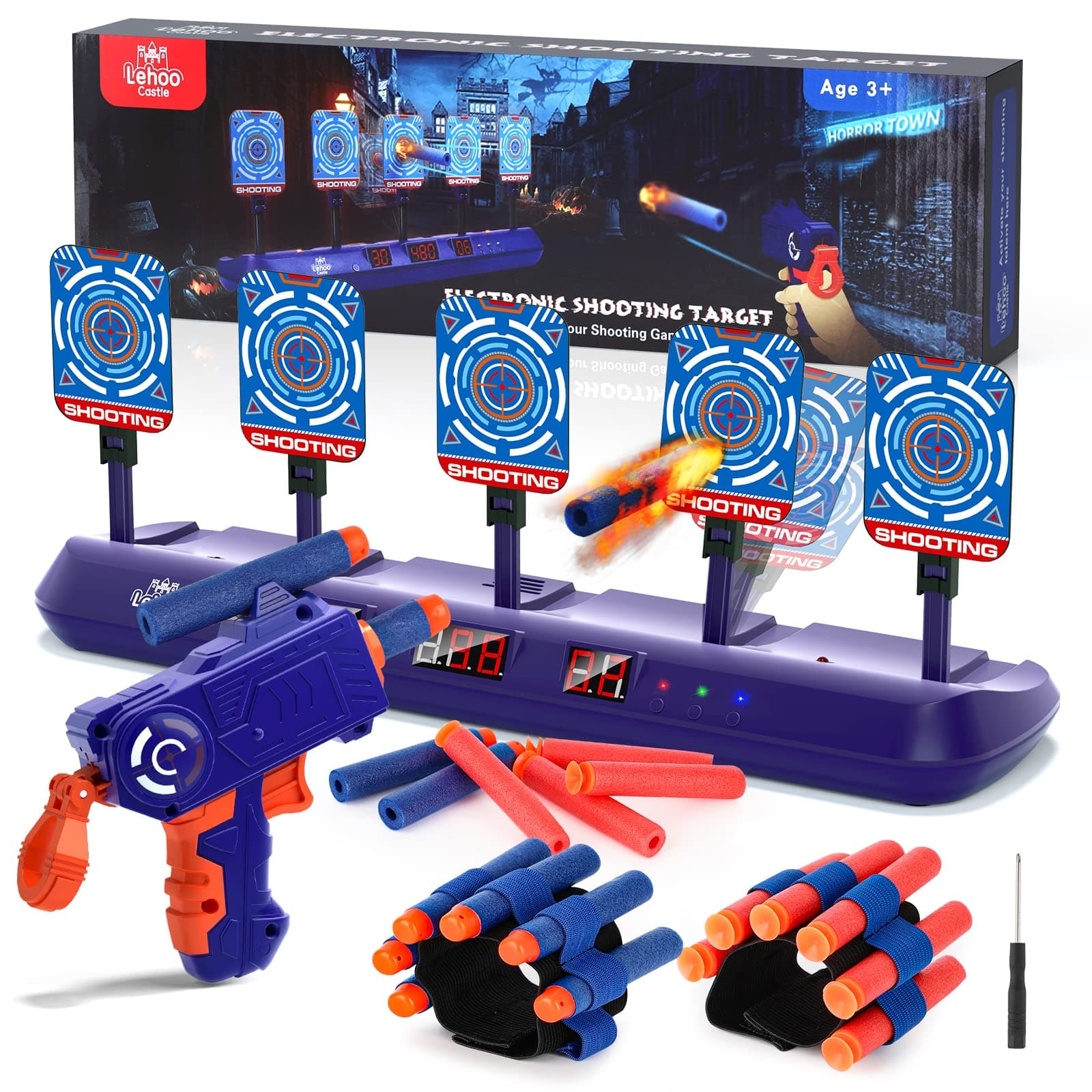 Nerf Lehoo Castle Nerf Shooting Target with Gun Toy, Electronic Target with 20 Darts, Outdoor Games for Children, Gift for Boys 3 4 5 6 7 8 Years Old