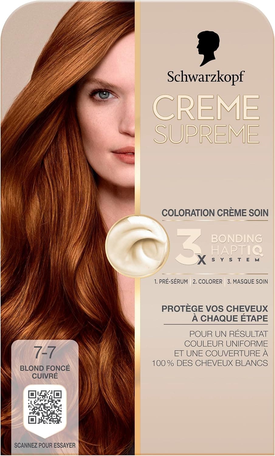 Creme Supreme - Schwarzkopf - Coloration Permanente - Resultat Couleur Uniforme - Coloration Creme Soin - Bonding - Pre-serum et Masque Soin - Couverture 100% Cheveux Blancs - 7-7 -Blond Foncé Cuivré