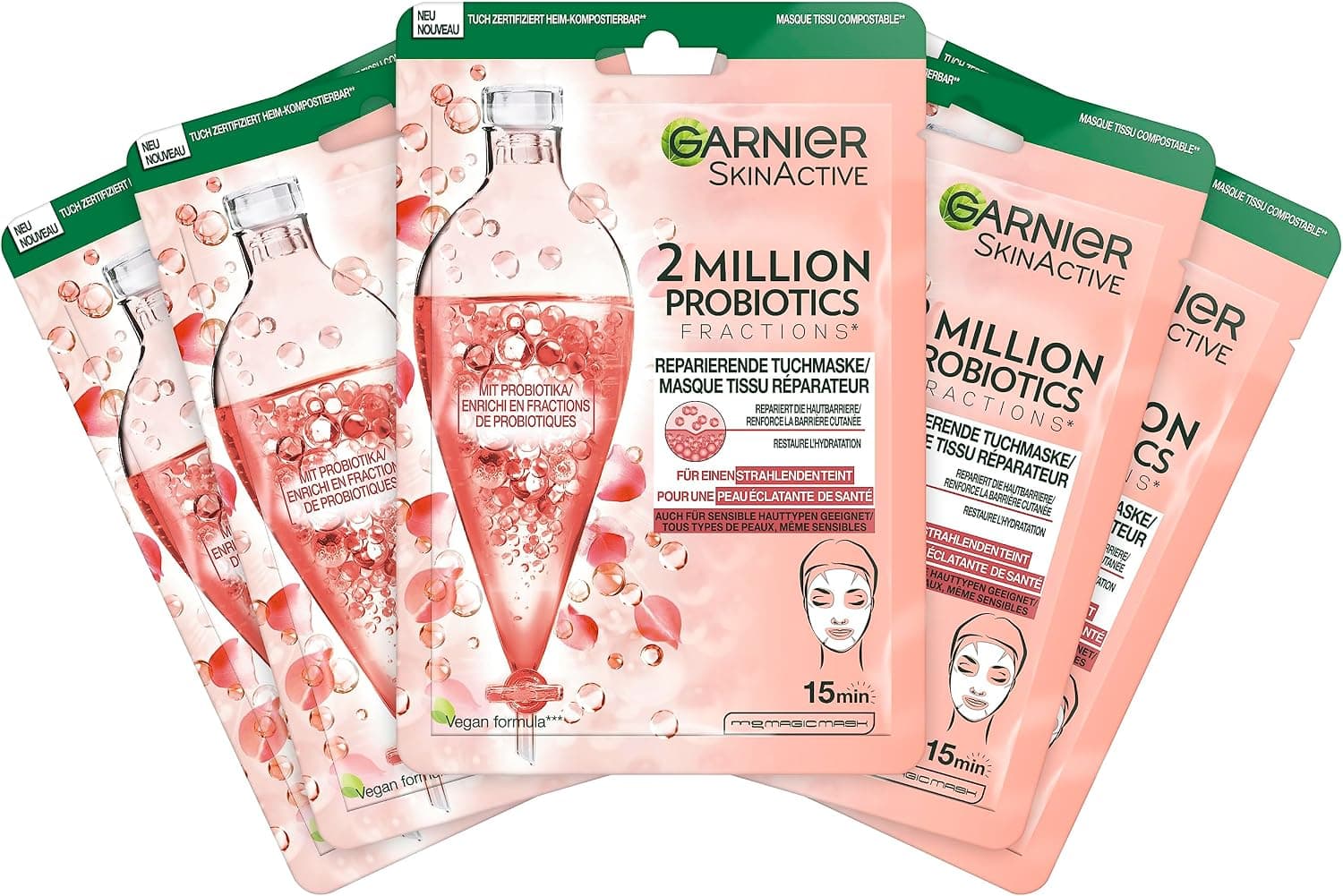 Garnier SkinActive 2 Million Probiotics Lot de 5 masques réparateurs pour le visage contre les peaux sèches, ternes et mates, pour plus de brillance et d'hydratation - Image 1