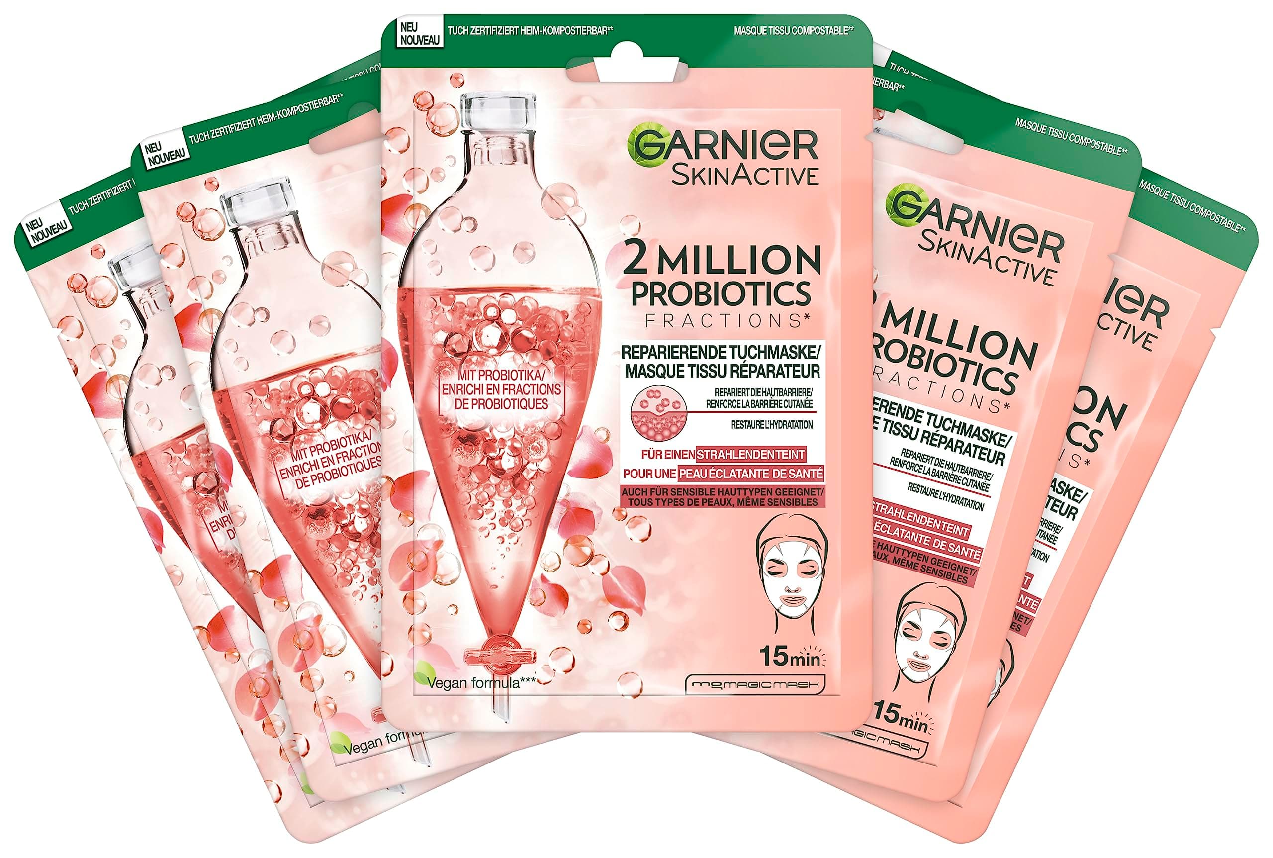 Garnier SkinActive 2 Million Probiotics Lot de 5 masques réparateurs pour le visage contre les peaux sèches, ternes et mates, pour plus de brillance et d'hydratation - Image 3