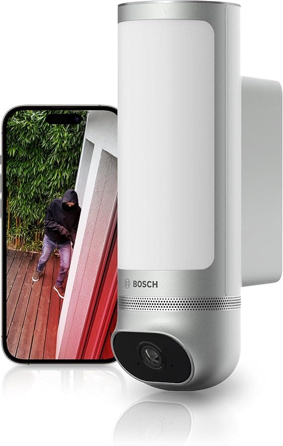 Bosch Smart Home - Caméra extérieure II, caméra de surveillance extérieur, résolution 1080p Full HD avec sirène d’alarme intégrée et lampe design, compatible avec Amazon Alexa, argent - Image 1