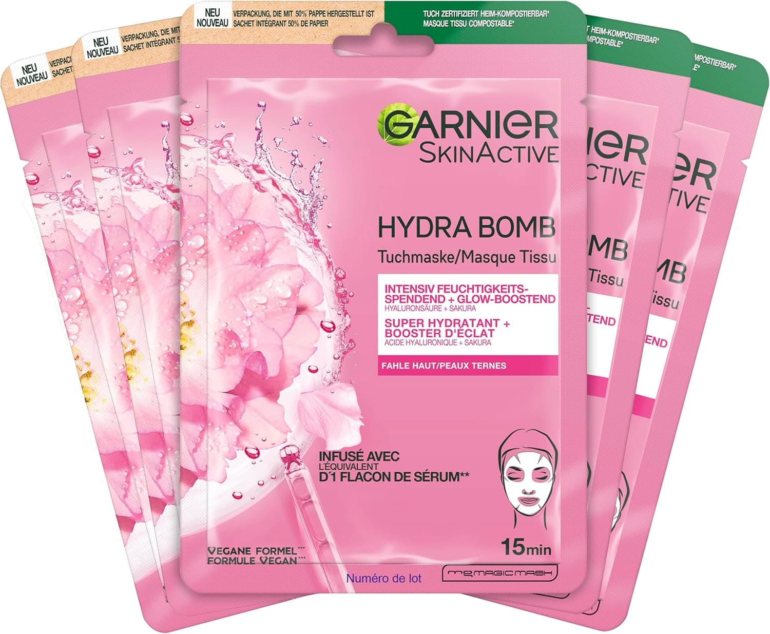 Garnier Hydra Bomb Lot de 5 masques hydratants à l'acide hyaluronique et sakura pour peaux mortes