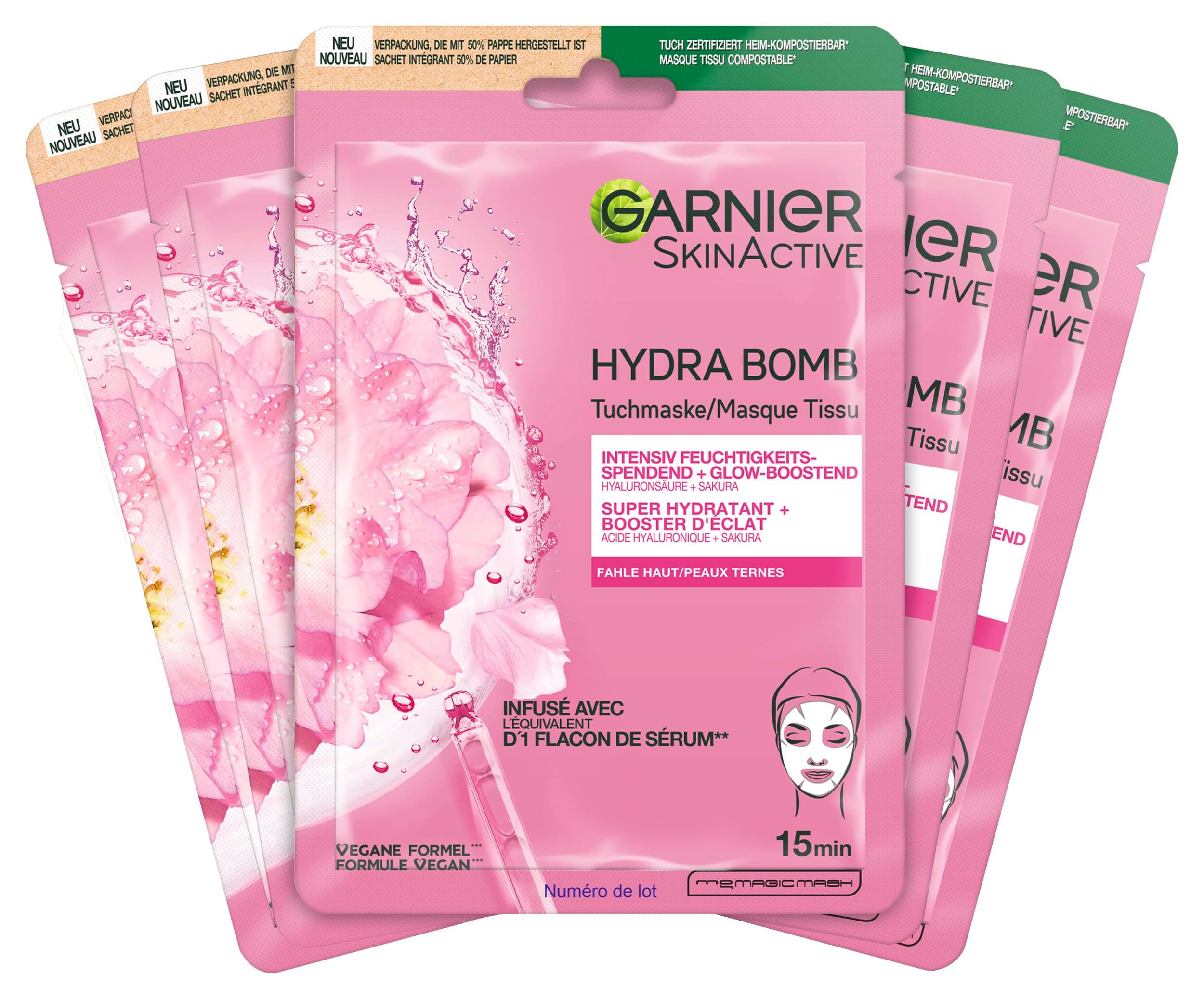 Garnier Hydra Bomb Lot de 5 masques hydratants à l'acide hyaluronique et sakura pour peaux mortes - Image 4