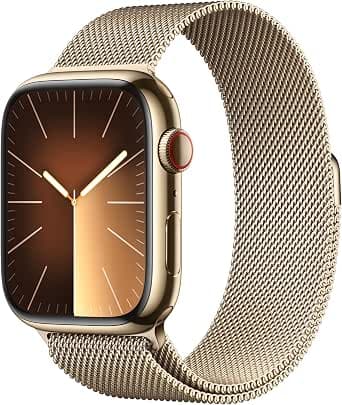 Apple Watch Series 9 (45 mm GPS + Cellular) Smartwatch with Stainless Steel Case and Gold Milanese Band, Fitness Tracker, Blood Oxygen and ECG Apps, Water Resistance