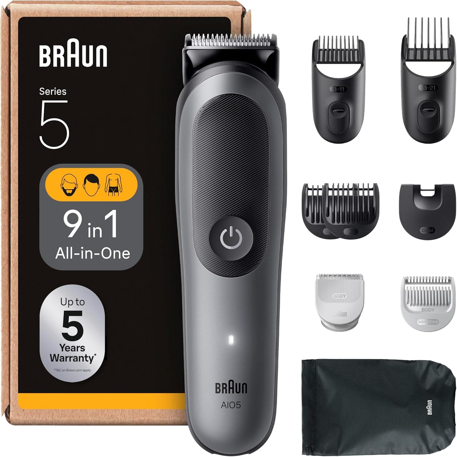 Braun Tondeuse Tout-En-Un Series 5, 9-En-1, Lame Ultra Affûtée, 120 Min D’autonomie, Protection SkinGuard Pour Le Corps, Coupe Précise Et Efficace, Manche AquaGrip Pratique Sous L'eau, AIO5545, Gris - Image 1