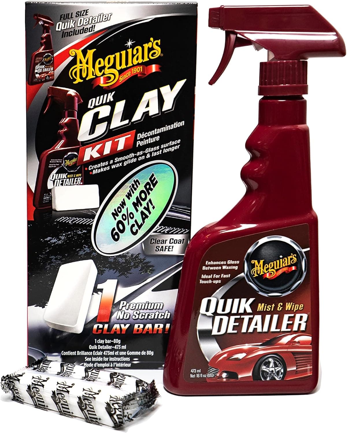 Meguiar’s G1116EU Kit Gomme Décontamination Quik Clay, Contient Flacon de Brillance Éclair, 473ml et Une Gomme de 80g - pour Éliminer en Toute Sécurité Les Contaminants Adhérents sur la Carrosserie