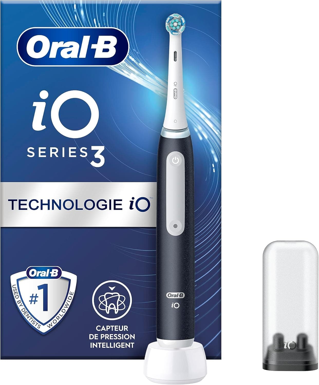 Oral-B iO 3 Brosse A Dents Electrique Noire, Pour Adultes, Modes De Nettoyage Avec Blancheur, Doux Pour Les Gencives, Capteur De Pression, Brossette Oral B De Rechange, Chargeur, Porte-Brossettes