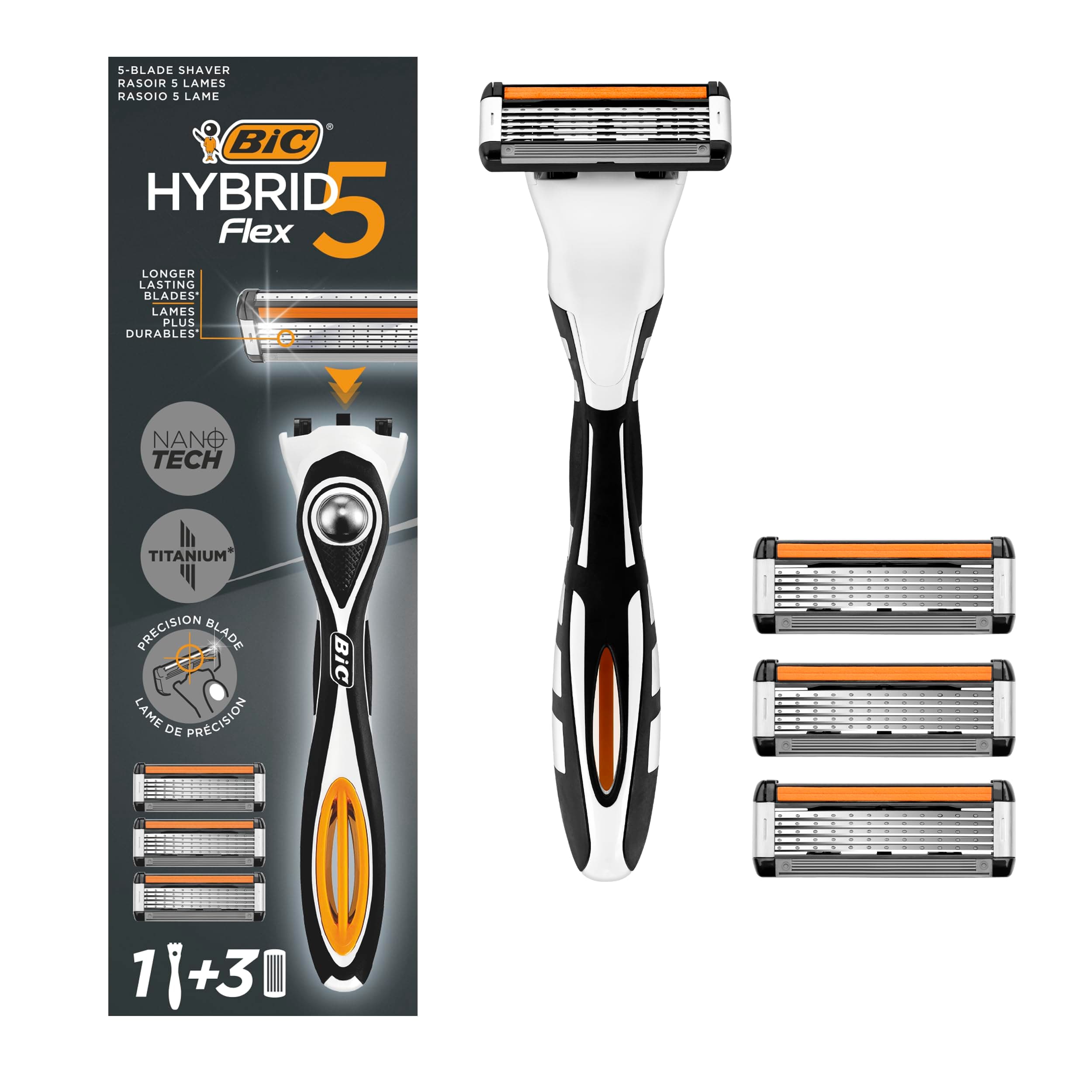 Bic BIC Hybrid 5 Flex Men's Rechargeable Razor with Handle and Refills with 5 Nanotech Titanium Blades - Box of 1+3