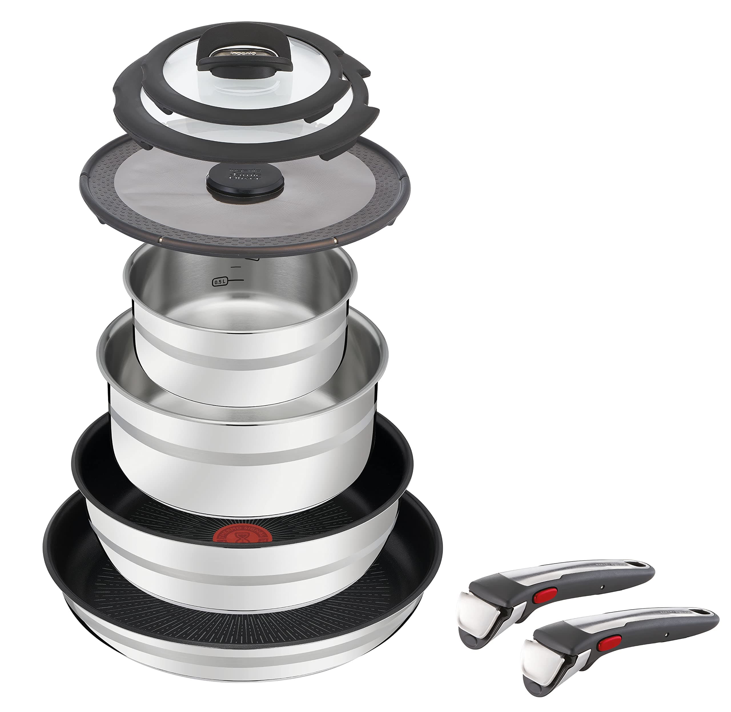 Tefal Jamie Oliver by Tefal Ingenio L9769932 9-Piece Set Stainless Steel with 2 Removable Handles, 2 Coated Frying Pans 2 Saucepans and 3 Lids Suitable for Induction