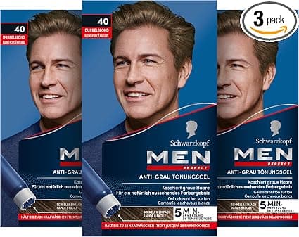 3x Schwarzkopf Men Perfect /Anti-Grau Tönungs-Gel/ Speed-System 5 Min./40 Natur Dunkelblond/ Blendet graue Haare aus
