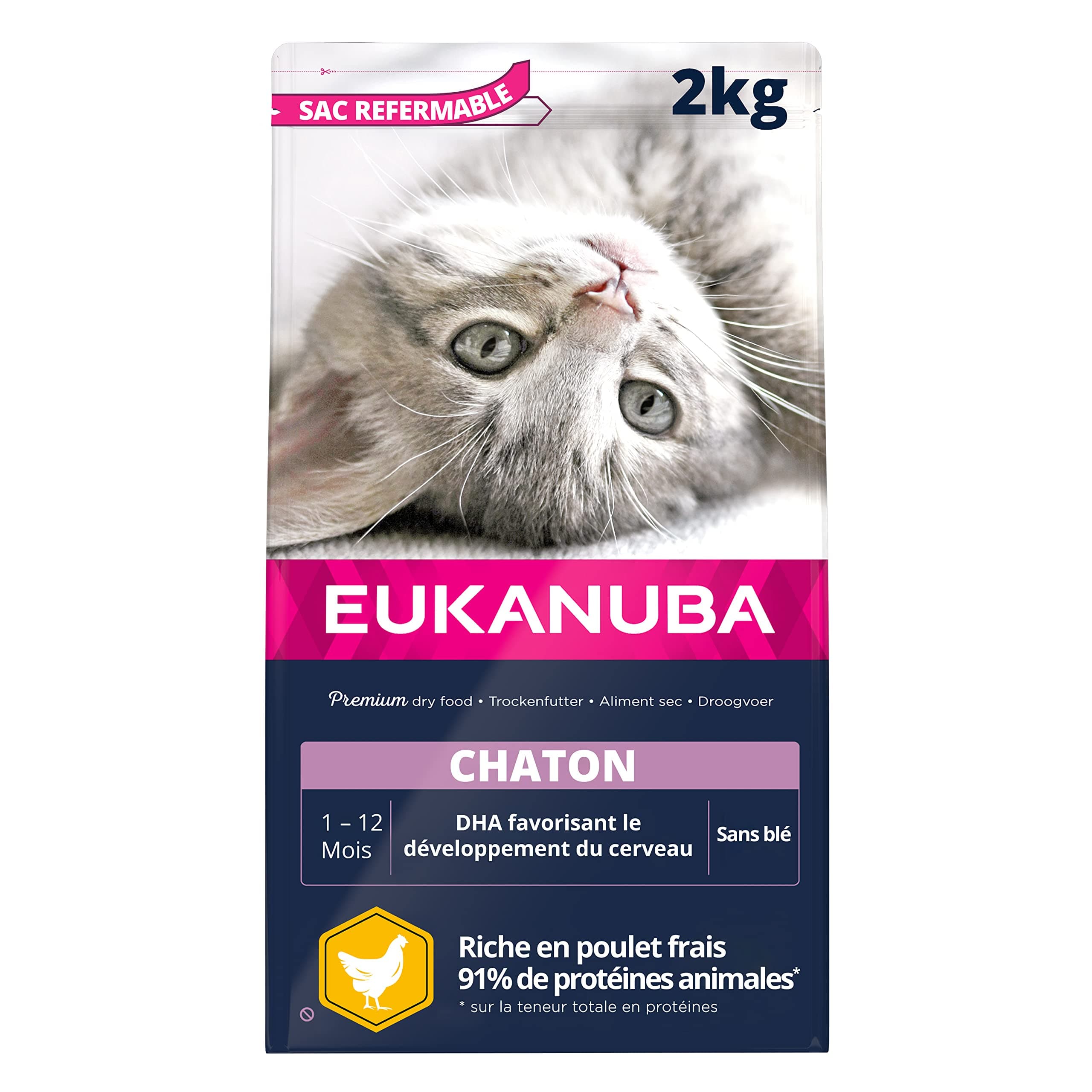 EUKANUBA - Premium Kitten Food – Rich in Fresh Chicken and Rice – Promotes Growth - 100% Complete and Balanced Food – DHA – Wheat Free – Non-GMO - Resealable Bag - 2kg