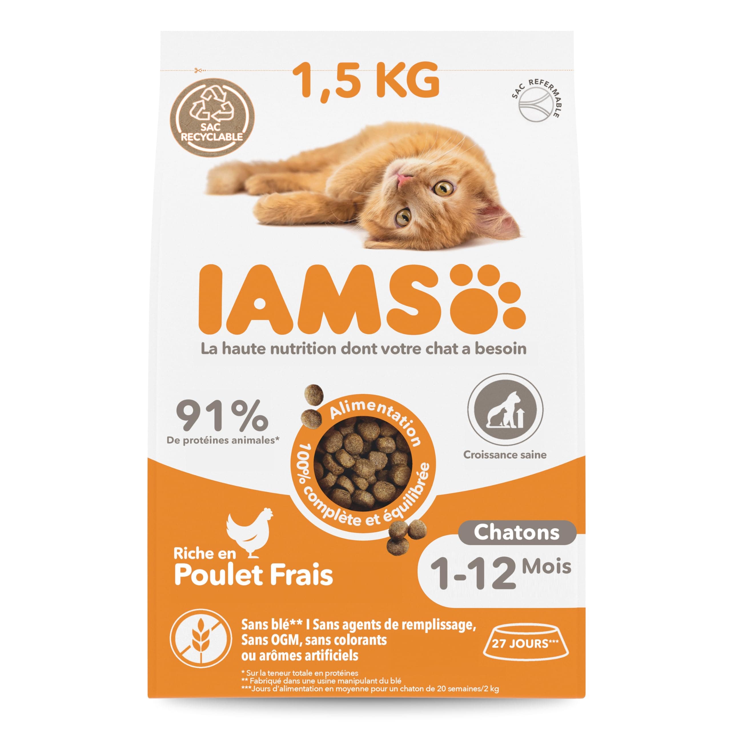 IAMS Vitality - Super Premium Kitten Food - Tasty Whole Balanced - Promotes Growth and Vitality - Fresh Chicken - Non-GMO Artificial Flavour Colouring - Resealable Bag of 1.5 kg