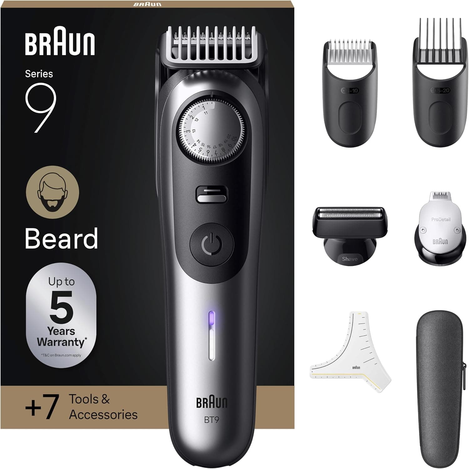 Braun Tondeuse À Barbe Series 9, + 7 Outils De Barbier, Mode PowerBoost, Lame ProBlade, 180 Min D'autonomie, Dégradé, 50 Longueurs, Molette De Précision Et Verrouillage, Étanche, BT9520, Chrome - Image 1