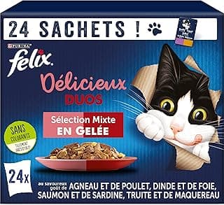FELIX | Délicieux Duos | En Gelée | Chat Adulte | Sélection mixte : Agneau et Poulet, Dinde et Foie, Saumon et Sardine, Truite et Maquereau | Sachets Fraîcheurs | Lot de 4 ( 24 x 85 g)