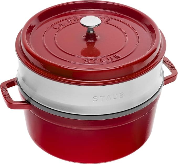 STAUB Enamelled Cast Iron Casserole Dish with Lid and Steam Basket, Suitable for All Heat Sources Including Induction, 4 to 5 People, Round, 26 cm, 5 L, 7.2 kg, Cherry - Image 1