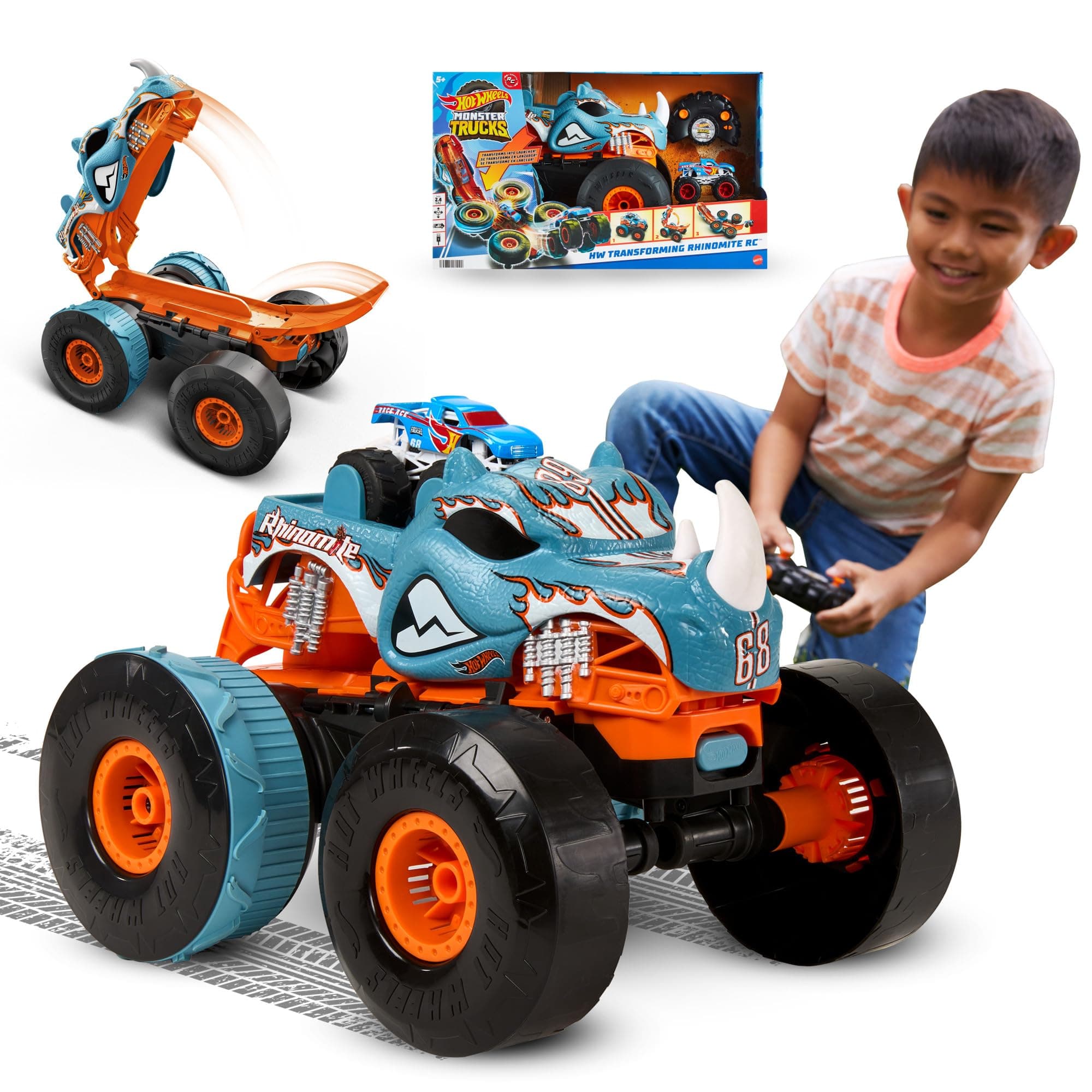 Hot Wheels Hot Wheels Monster Trucks 1:12 Scale Transformable Rhinomite and Race Ace 1/64 Scale RC Transformable Toy for Children from 4 Years Old HPK27