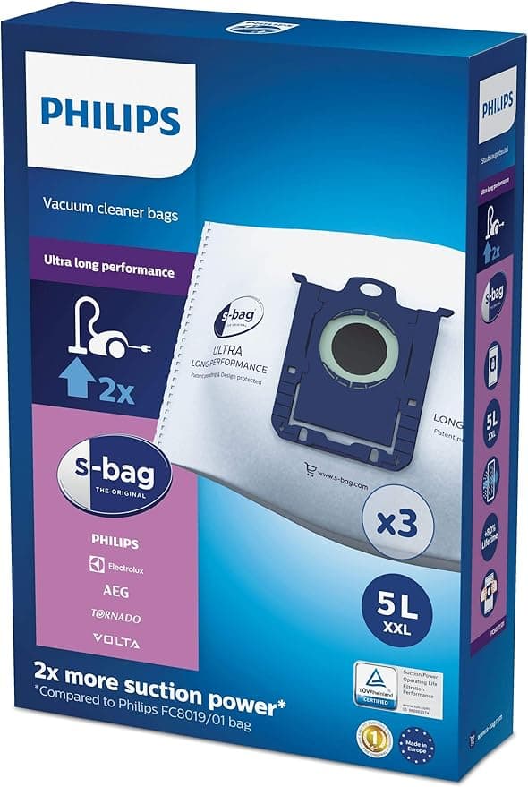 Philips Philips FC8027/01 Pack of 3 Vacuum Cleaner Bags S-Bag Ultra-Long Performance Extended Life 80% Compatible with Philips, Electrolux, Tornado