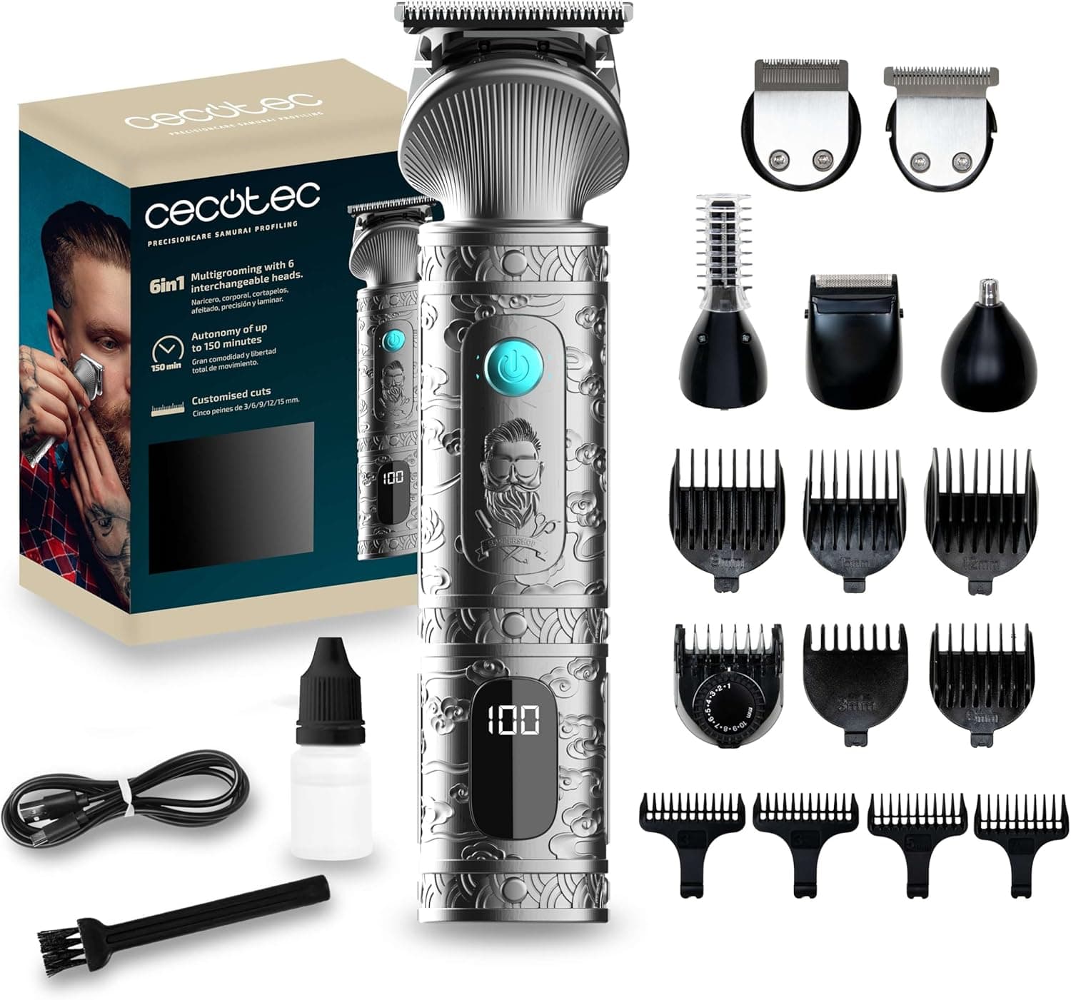 Cecotec Cecotec Samurai 6 in 1 Professional Multifunction Precision Care Trimmer for Nose and Body, Battery Life 150 min, 3-15 mm Clogs, Precise Profiling, Storage Base, Screen.